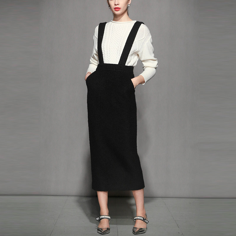 修身气质中长款毛呢背带裙连衣裙背心裙包臀裙2017秋冬装新款女装