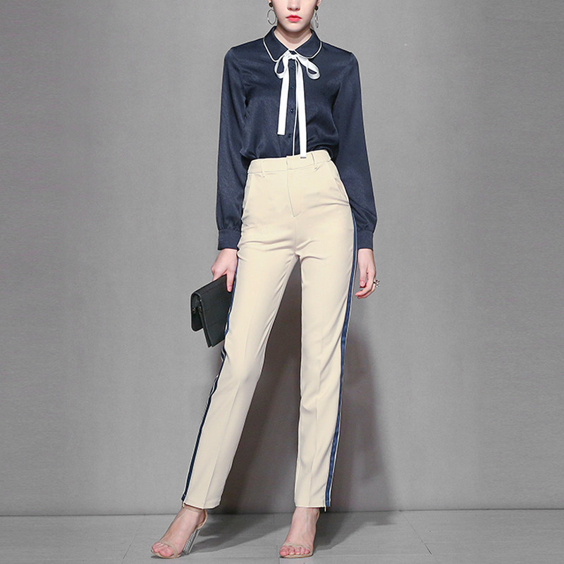 2017秋装新款潮女装时尚百搭灯笼长袖系带衬衣撞色高腰阔腿裤套装