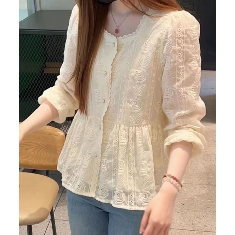 Clearance Sale ~ Exclusive Offer: Women's Square Neck Lace Embroidered Shirt, Autumn Style, Elegant, Loose Fit, Slimming Long Sleeve Top