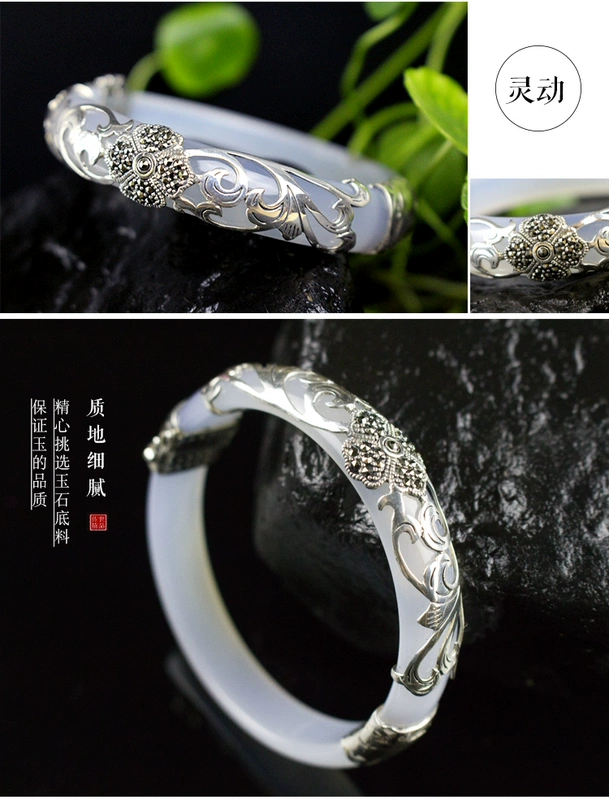 Vòng tay ngọc bích với 925 sterling bạc tự nhiên chalcedony mã não ngọc bích trẻ em trang sức bạc gửi mẹ sinh nhật vòng tay