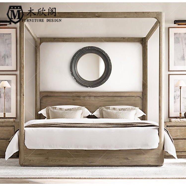 French country antique old solid wood shelf bed 1 8 meters four-poster bed Oak can be customized column bed