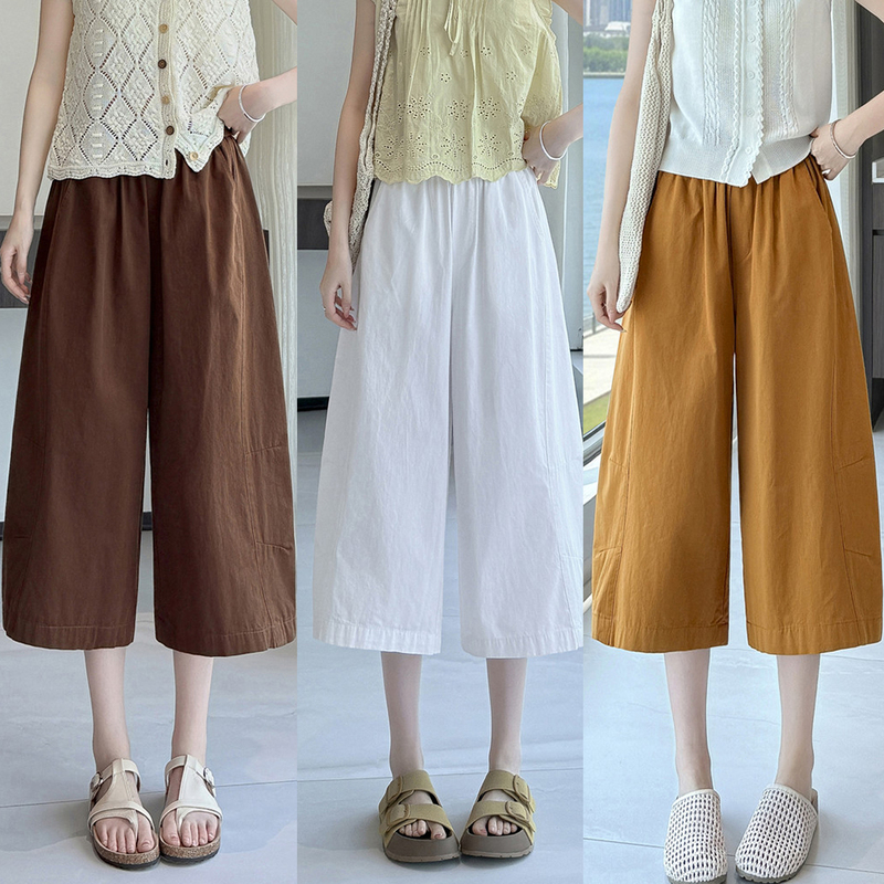 Japanese-Style Artistic Pure Cotton Cropped Wide-Leg Pants for Women, Summer Petite Straight-Leg Mid-Length Pants, High-Waisted Loose All-Cotton Casual Pants