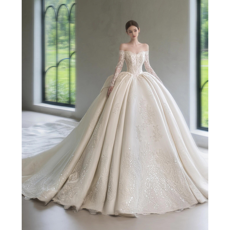 French-Style Off-Shoulder Long-Sleeve Satin Wedding Dress 2026 New Model Bride's Runaway Princess Heavy-Duty Reception Gown with Long Train
