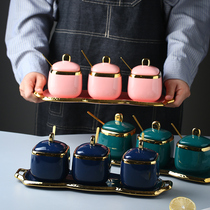 Nordic Creativity Phnom Penh Ceramic Seasoning Jar Suit Home Kitchen With Cover Seasoning Box MSG Salt Sugar Jars Intake Box