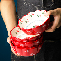 Japanese hand-painted cherry salad bowl cute ins dessert bowl Net red home creative personality ceramic noodle bowl tableware