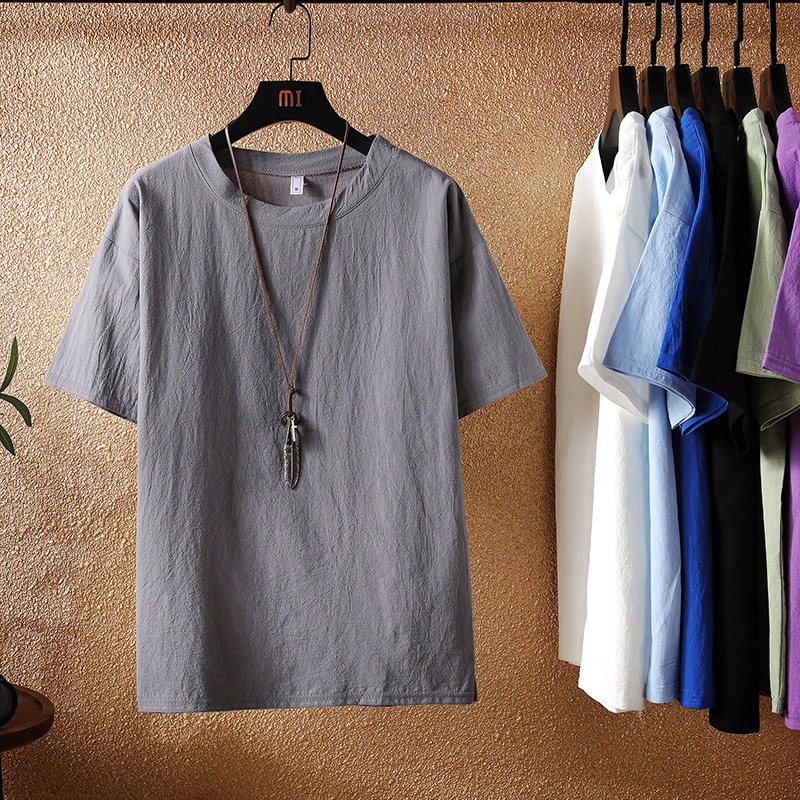 Linen Short-Sleeved Men's Summer Thin Casual Cotton-Linen T-Shirt Loose Half-Sleeve Trendy Large Size Pure White Base Shirt Linen Short-Sleeved Men's Summer Thin Casual Cotton-Linen T-Shirt Loose Half-Sleeve Trendy Large Size Pure White Base Shirt