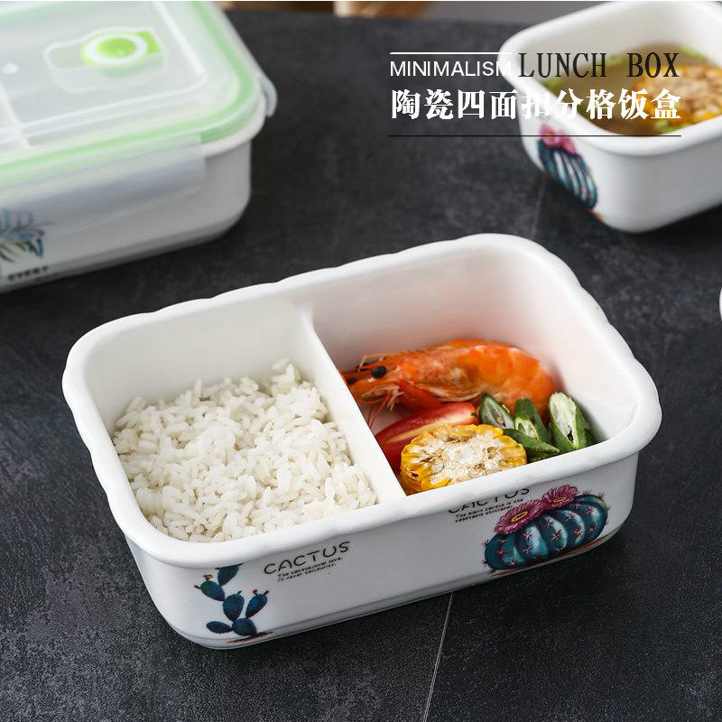 Microwave ceramic compartment lunch box two compartments sealed with lid can be buckled rectangular student office worker lunch box