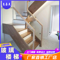 Huijiamei customized interior simple overall solid wood attic duplex villa spiral staircase glass handrail