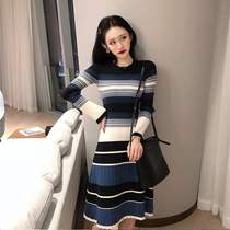 2021 autumn and winter new striped slim slim long sleeve bottoming sweater long skirt womens bag hip over the knee knitted dress