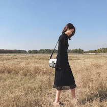 Semi-high collar bottom inner lap knit with large coat with long sweater skirt over knee retro lukewarm and windy autumn winter one-piece dress