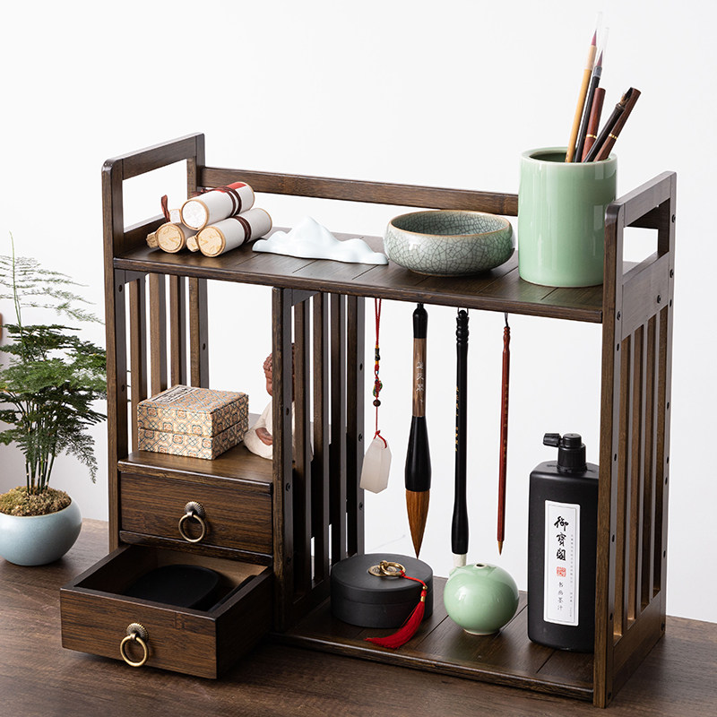 Nanzhu-Style Antique Shelf, Creative Study Room Four Treasures Storage Rack, Brush Holder, Three-Layer Brush Rack, Multifunctional Desk Organizer, Simple Large Antique Shelf, Solid Wood Pen Holder, Study Desk Decoration
