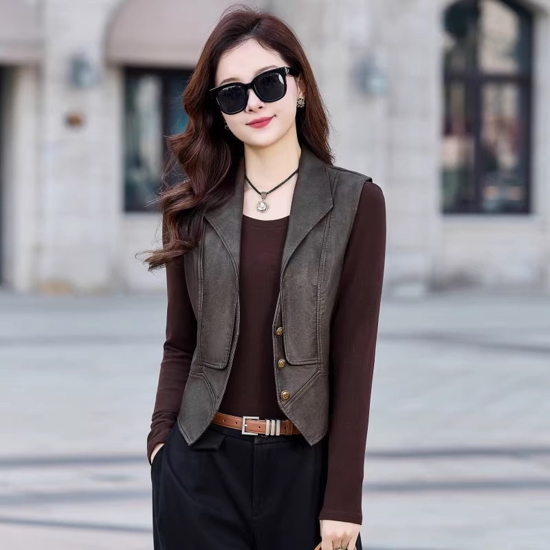 Short Leather Vest for Petite Figures, 2026 Spring and Autumn New Style, Slim Fit, Sleeveless Jacket, Leather Vest Top