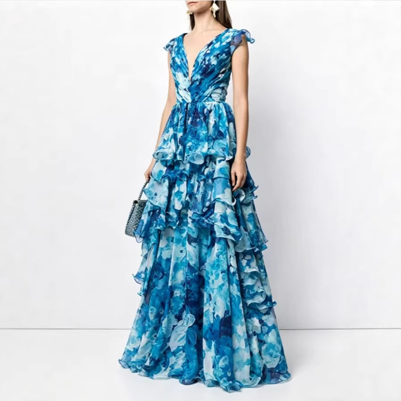 New Spring and Summer Off-The-Shoulder European and American Fashion Chiffon Printed Fairy-Like Long Elegant Evening Dress New Spring and Summer Off-The-Shoulder European and American Fashion Chiffon Printed Fairy-Like Long Elegant Evening Dress