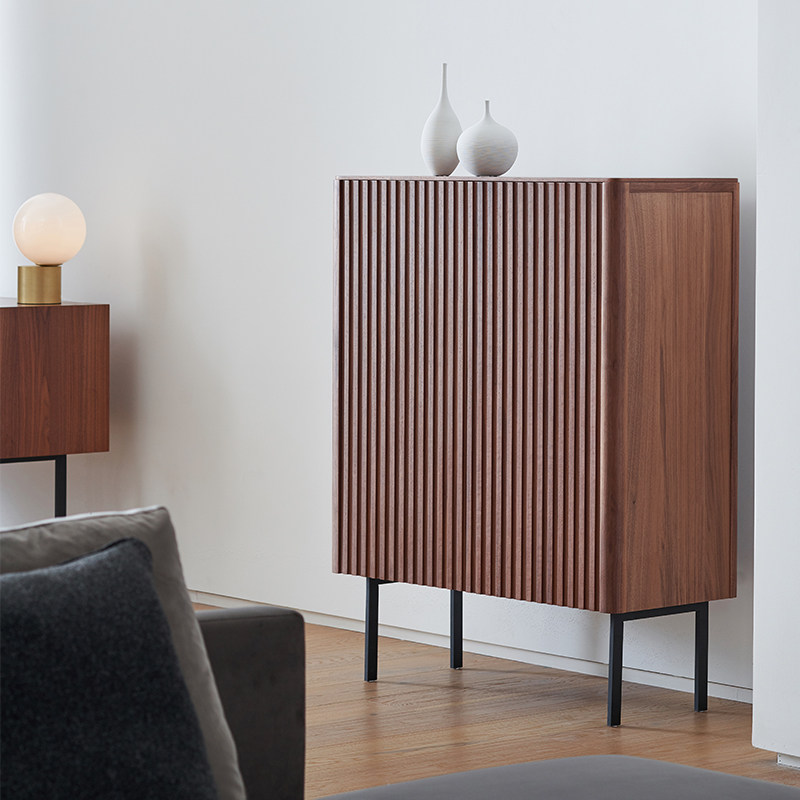 Nordic Black Walnuts Solid Wood Light Luxury Day Style Dining Cabinet Xuanguan Grille Retro Containing Cabinet Storage Cabinet Shoes Cabinet Extremely Brief