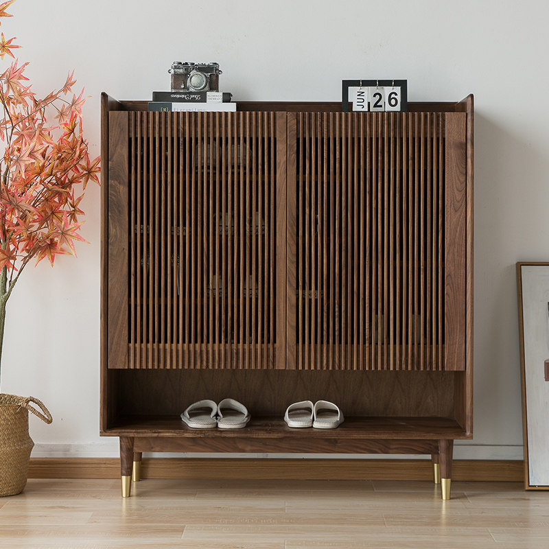 Nordic Black Walnuts Wood Pure Solid Wood Minima Modern Light Lavish Grille Shoes Cabinet Oak Doors Hall Containing Hyun Guan Cabinet Entrance Door