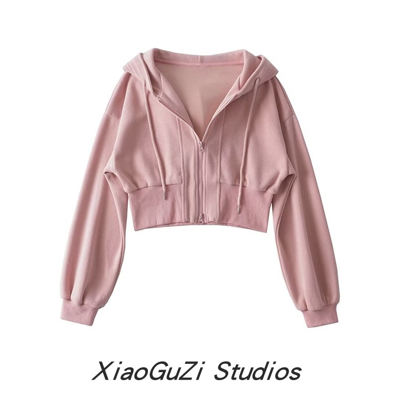 Kogami Zhi European and American Style Short Double-Zipper Hooded Sweatshirt for Women, Fashionable Loose-Fitting Sports High-Waisted Casual Jacket Top Kogami Zhi European and American Style Short Double-Zipper Hooded Sweatshirt for Women, Fashionable Loose-Fitting Sports High-Waisted Casual Jacket Top