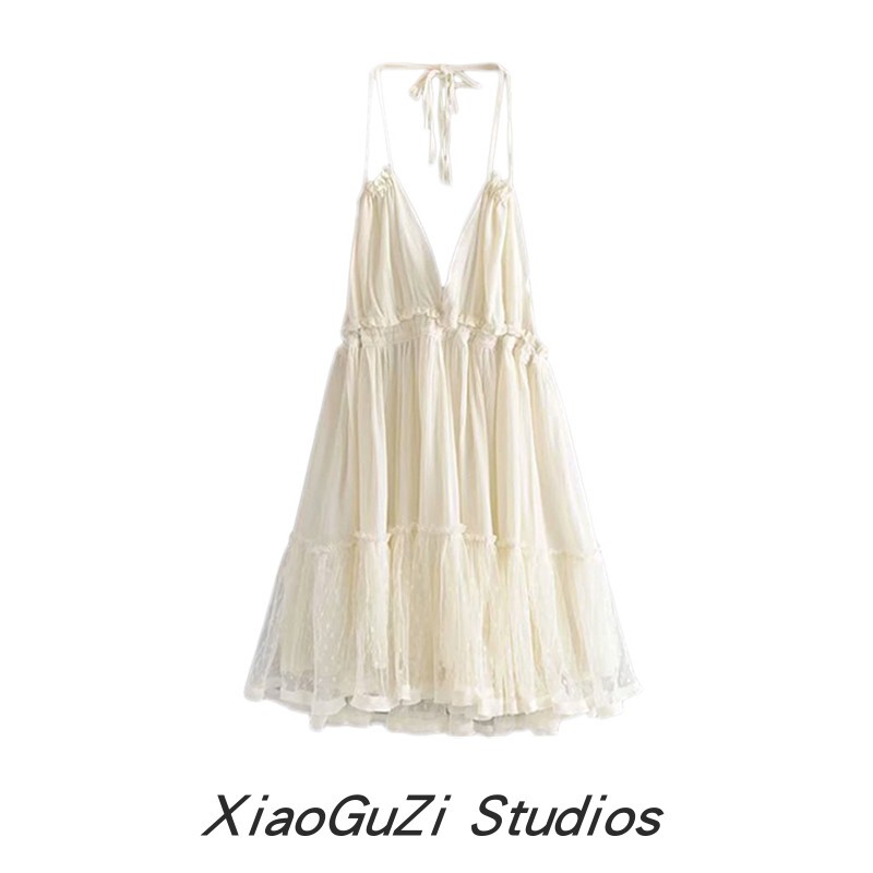 Australian Niche Design Island Vacation Fairy Dress Lace Splicing Deep V Sexy Backless Halter Neck Slip Dress