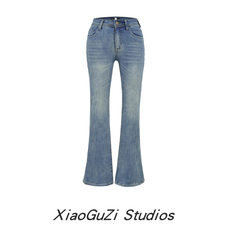 Low-Waisted Stretchy Flared Jeans with a Washed and Faded Design That Makes Legs Look Slim, Casual Floor-Length Pants