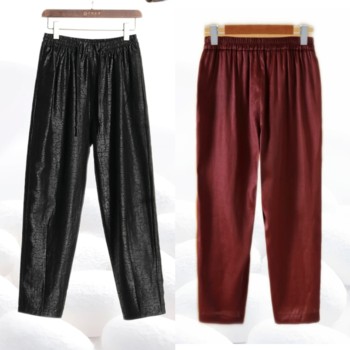 Xiangyunsha red oil leather pants elastic waist 100 mulberry silk casual pants ເກົ້າຈຸດ dz036