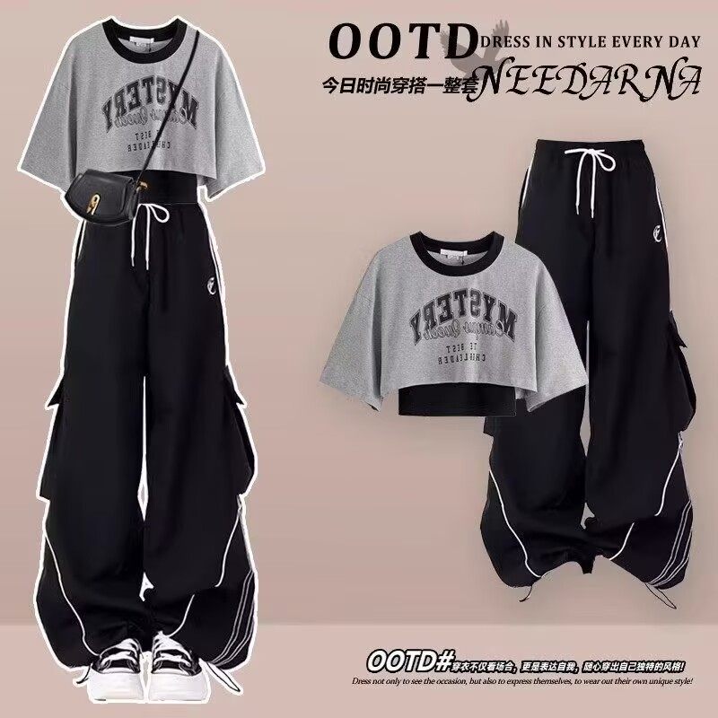 夏季套装女学生大童时髦洋气短款t恤高腰显瘦工装阔腿裤两件套潮