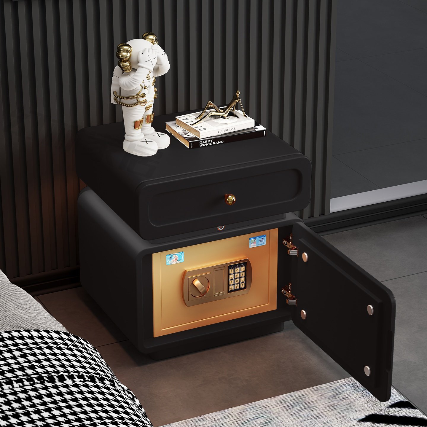 Прикроватная тумбочка из цельного дерева бренда Tiger smart, безопасный встроенный скрытый бытовой противоугонный светильник, роскошный высококачественный шкаф для хранения в спальне Изображение 1