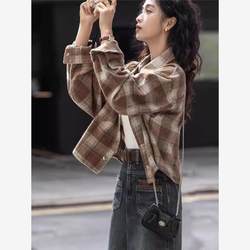 Authentic Gejia Women's Clothing Retro Brushed Plaid Shirt for Women 2025 Spring and Autumn New Loose Casual Short Shirt for Women