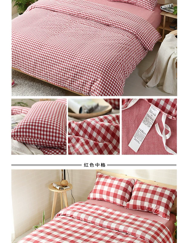 Rửa bông quilt cover sheets pillowcase giường, bông giường đơn giản kẻ sọc cotton đôi duy nhất màu rắn phong cách Nhật Bản