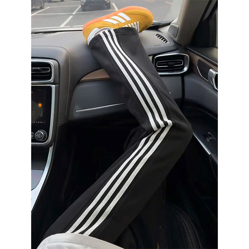 Three-Stripe Running Sports Pants for Men and Women, Summer Thin Elastic Waist Patchwork Striped Black Leg-Lengthening Straight Pants