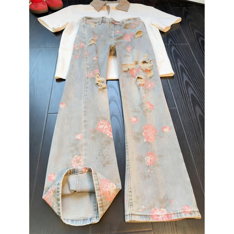 American-Style Floral All-Over Print Ripped Jeans for Men and Women, Summer High-End Distressed Flared Beggar Pants, Slimming Straight-Leg