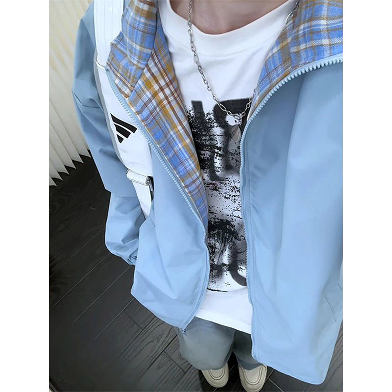 蓝色美式格子拼接工装风外套男款秋季设计感翻领飞行员夹克棒球服