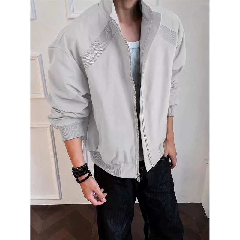 Gray Cleanfit Stand-Collar Flight Jacket for Men, Short Loose Silhouette, Regular Shoulder Design, Stylish Baseball Jacket Gray Cleanfit Stand-Collar Flight Jacket for Men, Short Loose Silhouette, Regular Shoulder Design, Stylish Baseball Jacket