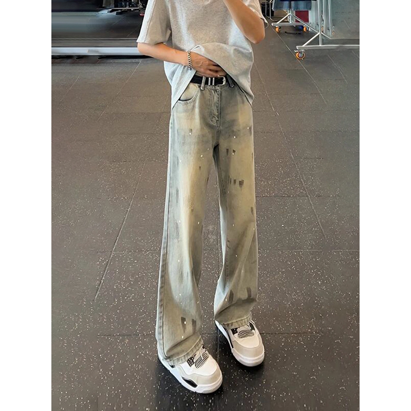 American-Style Graffiti Splatter Cat Paw Print Jeans for Men, Vintage Stacked Straight-Leg Wide-Leg Pants with a Youthful Vibe
