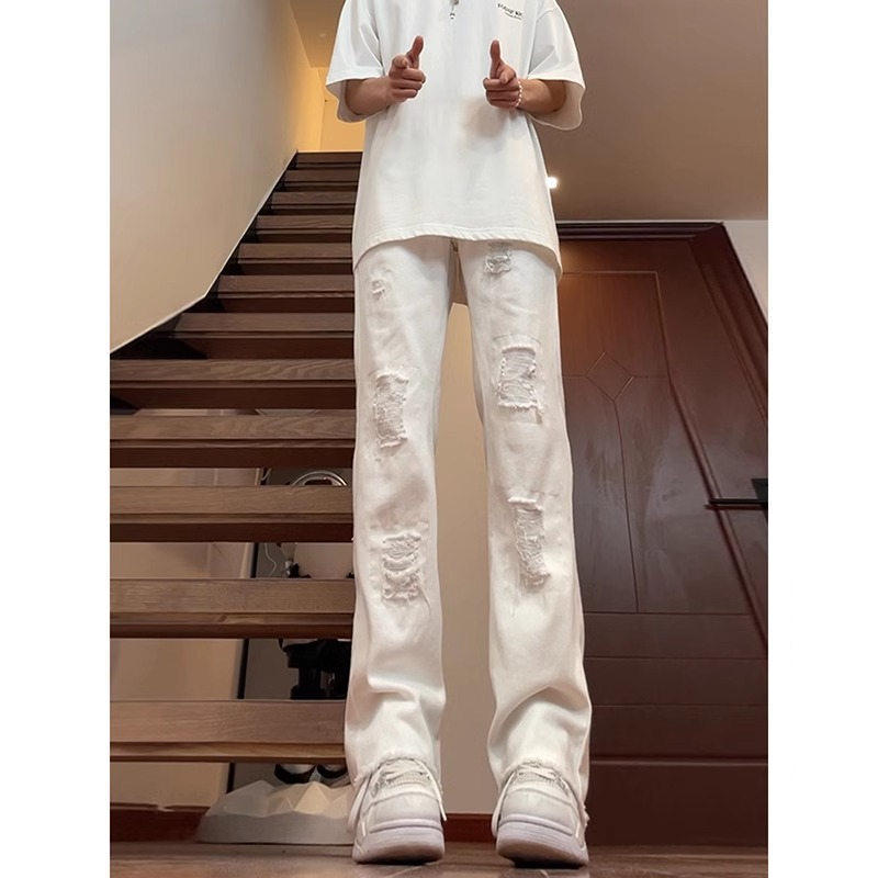 White Ripped Jeans Unisex Design Niche Straight-Leg Trendy Vibe American Style Flared Pants