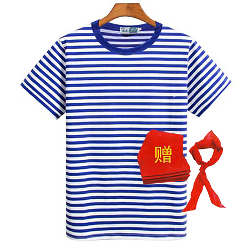 <!--夏季海魂衫纯棉短袖男女t恤蓝白条情侣装水手服亲子装六一活动服-->
