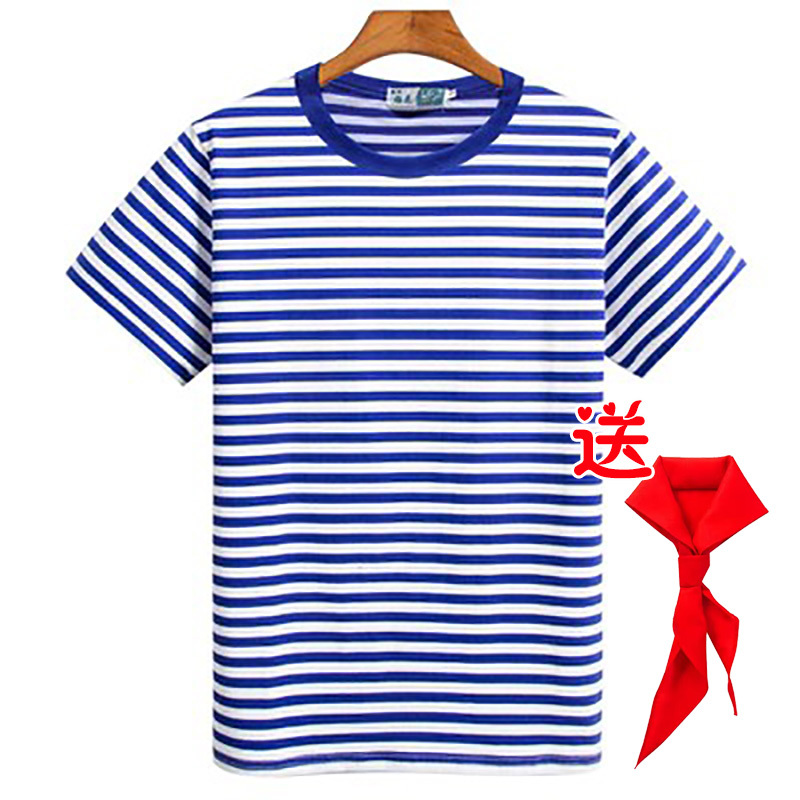Summer Sea Soul Shirt Pure Cotton Short-Sleeved Men's and Women's T-Shirt Blue and White Striped Couple Wear Sailor Clothing Family Clothing Children's Day Activity Clothing