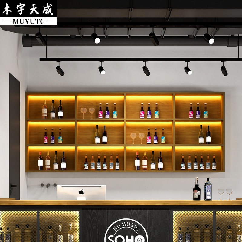 Restaurant restaurant bar counter display cabinet wall-mounted bar wall cabinet restaurant cosmetics shelf solid wood wine cabinet with light