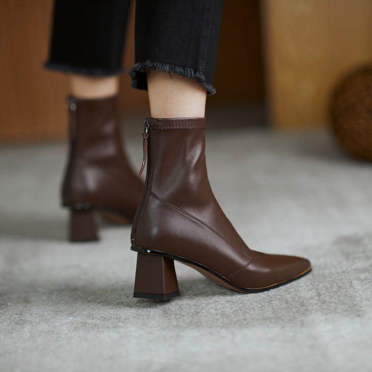 GANAIER super temperament leather pointed elastic boots women thin thin boots brown short boots thick heels thin autumn and winter