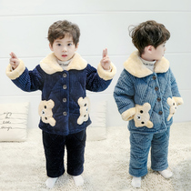 Childrens pyjamas winter thickened with three layers of clip cotton boy flannel sumpsuit for mens baby suit autumn and winter warmth