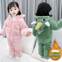 Girls pyjamas winter thickened with three layers of clip cotton Childrens home Clothing Winter Plus Suede Baby Flannel Suit Children