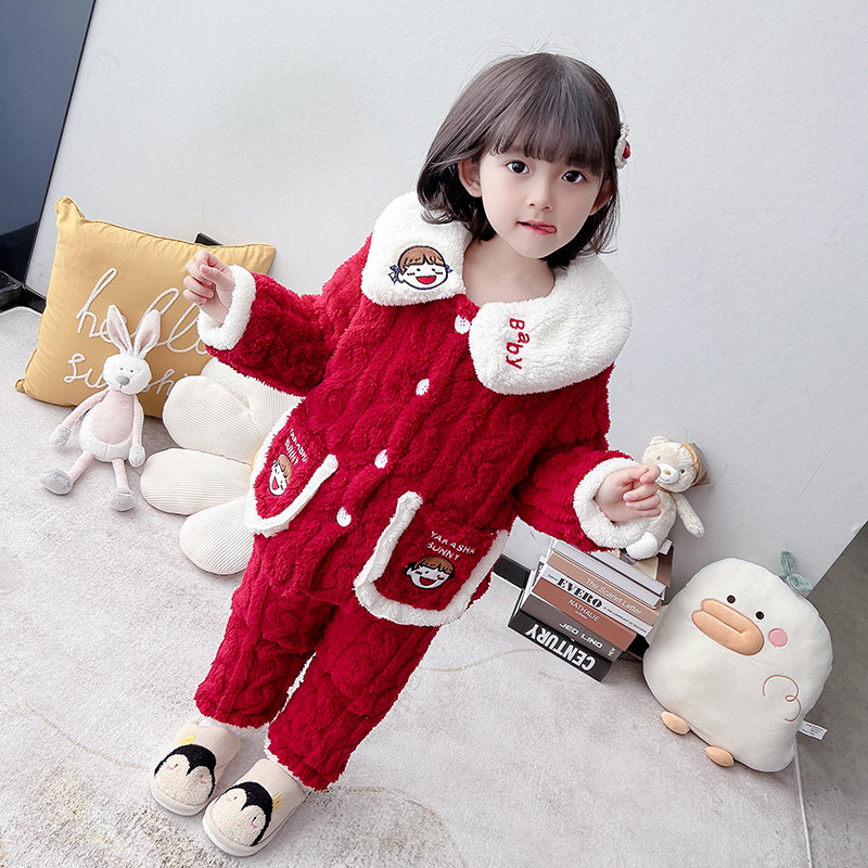 Baby sleepwear winter thickened outside wearing children triple laminated cotton home Winter Girl's flannel Flannel Suit Little Princess