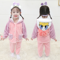 Girls coral suede pyjamas childrens autumn and winter flannel home for womens baby suit Winter Princess thickened