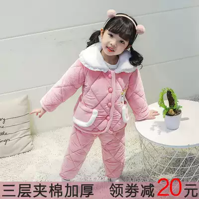 Girls cotton pajamas winter plus velvet thickened children's home clothes three-layer cotton Winter Children baby coral velvet set