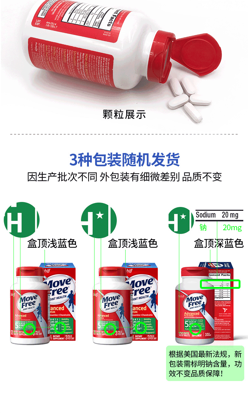 美国产 维骨力 Move Free 氨基葡萄糖软骨素 绿盒 120粒*3瓶 图14