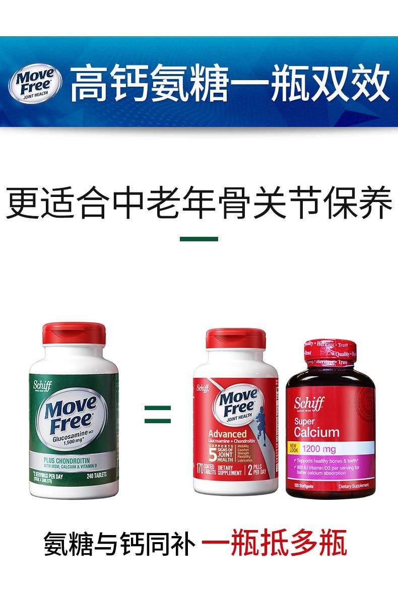 美国进口 Schiff Move Free 高钙氨糖软骨素+钙片+维D 240粒 图7