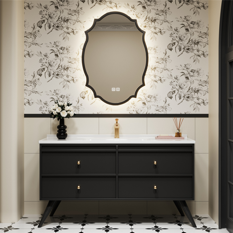Black French-Style Vintage Floor-Standing Bathroom Cabinet with Integrated Ceramic Washbasin and Sink for Toilet and Bathroom