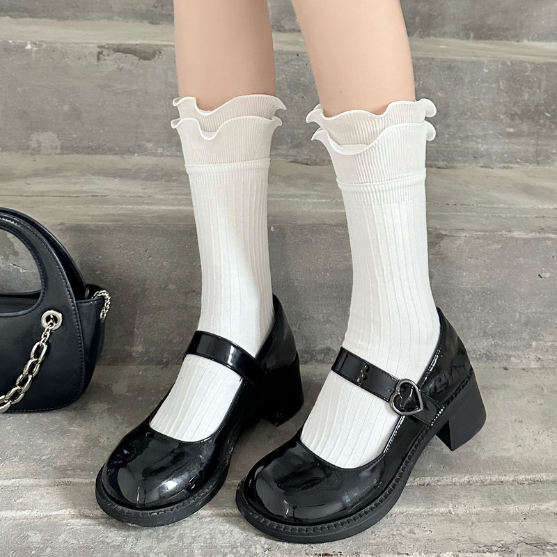 Double-Layer Ruffled White Ballet Style Socks for Women, Summer Thin Socks, Vertical Stripess Slimming Look Lace Calf Socks