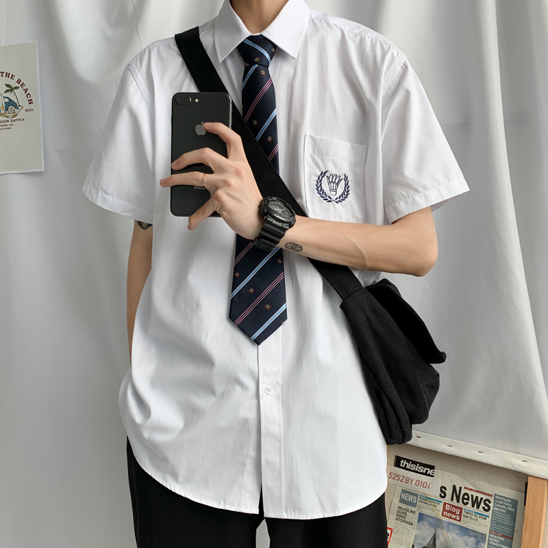 Free Tie! Jk/Dk Uniform Short-Sleeved White Shirt for Men and Women, Loose-Fitting Student Embroidered Shirt, Summer Class Uniform