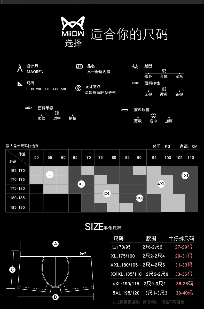 猫人 男无痕纯棉冰丝男内裤*3条 图7