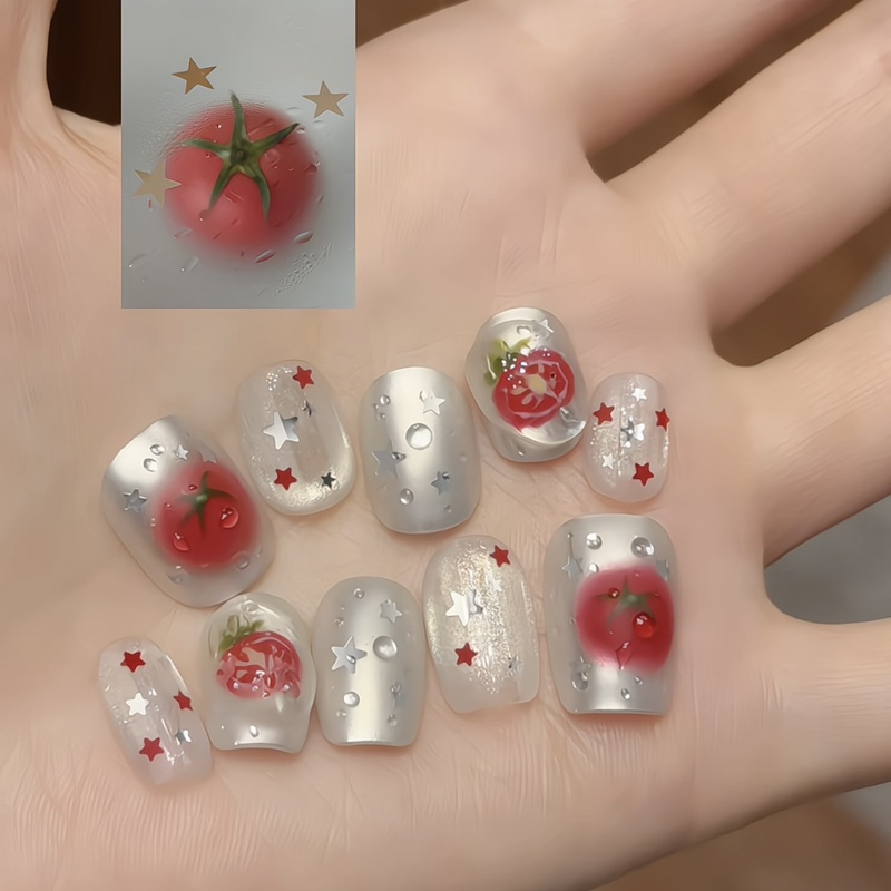 【Frosty Tomato】Purely Handmade Wearable Nails with an Instagram-Style Misty Texture, Cute Matte Tomato Design, Short Summer Style