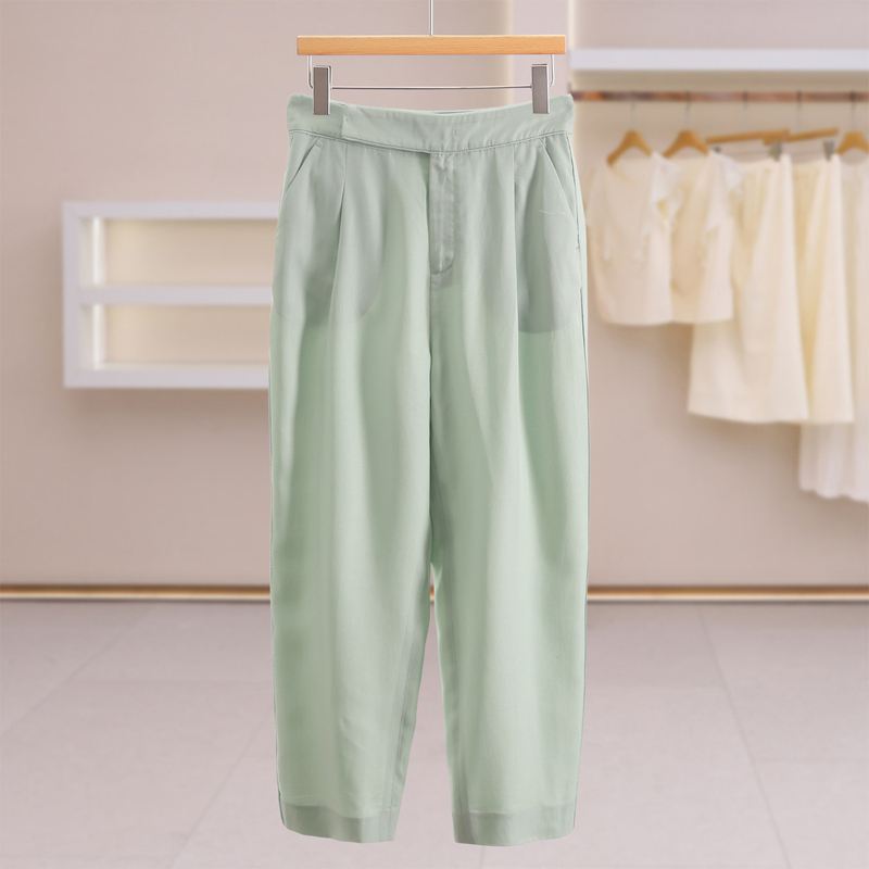 Special Offer 1680【Card】Simple Solid Color Pleated Breathable Casual Nine-Point Pants Fangcao Fenfei Women's Summer Pants 26